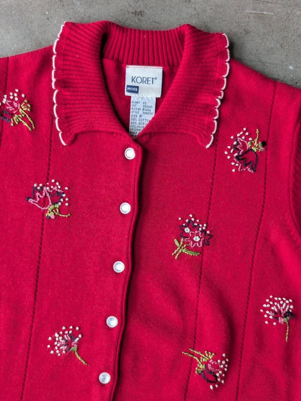 Vintage Coastal Grandma Red Floral Embroidered Collared Short Sleeve Sweater